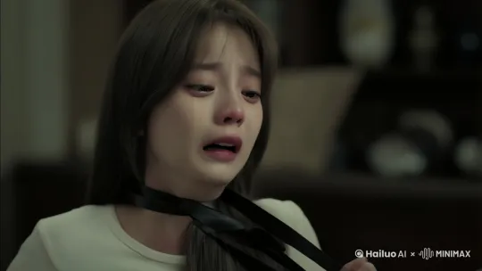 图片中的女孩被两根细长且光滑的黑色丝带勒紧脖子，一根丝带勒紧她脖子的上部分并往右拉扯，另一根丝带勒紧她的脖子的下部分并往左拉扯，她窒息挣扎 by Hailuo AI Video Generator