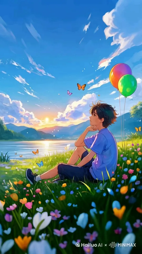 场景中的男孩静静地坐在地上，微风吹过，地上的草坪和鲜花也微微在动，男孩的头发微微飘动 by Hailuo AI Video Generator