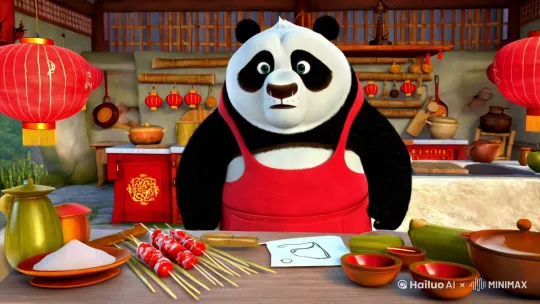 熊猫胖达穿着红色围裙，站在中式风格的小厨房中，双手抱头，一脸困惑地看着面前的食材（山楂、竹签、冰糖）。厨房背景有竹子装饰和红色灯笼，营造出温馨的氛围。	无	轻快的背景音乐，厨房里的小物件碰撞声。	全景镜头，快速扫过厨房，最后聚焦在胖达身上。	5秒
胖达从口袋里掏出一张手绘的“菜谱”，上面画着冰糖葫芦的简笔画。它用爪子指着菜谱，眼睛闪闪发光，仿佛在说“我能行”。	胖达（自言自语）：“冰糖葫芦，看起来好像很简单嘛！”	轻快的音乐，加入轻微的纸张翻动声。	中景镜头，突出胖达的动作和表情。	5秒
胖达拿起竹签，试图将山楂串起来，但竹签总是滑落，山楂滚得到处都是。胖达急得满头大汗，表情夸张。	胖达（焦急地）：“哎呀，怎么这么难啊！”	轻快的音乐中加入滑稽的音效，比如竹签滑落的声音。	特写镜头，聚焦胖达的手和山楂，放大它的动作和表情。	7秒
胖达灵机一动，用爪子把山楂固定住，成功地把它们串成了一串。它得意地举起竹签，对着镜头晃了晃，脸上露出自豪的笑容。	胖达（得意地）：“哈哈，我成功啦！”	轻快的音乐中加入一个小小的胜利音效，比如“叮”的一声。	特写镜头，捕捉胖达的动作和表情。	6秒
胖达把串好的山楂放进锅里熬好的糖浆中，快速翻转，让山楂均匀裹上糖浆。最后，它小心翼翼地把冰糖葫芦放在盘子里，用爪子轻轻抚摸，脸上露出满足的笑容。 by Hailuo AI Video Generator