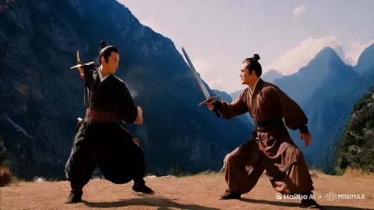 山林中，独孤九剑传人逸尘与夺命十三剑高手冥煞对峙。
 
第一回合，逸尘率先出手，以“破剑式”直逼冥煞咽喉，冥煞施展“追魂夺命”应对，双剑相交，火花四溅。
 
第二回合，冥煞强攻，“十三夺命连环杀”剑剑致命，逸尘用“破刀式”化解，还趁机划伤冥煞肩头。
 
第三回合，逸尘施出“无招胜有招”，冥煞孤注一掷，以“天地同归”拼命，逸尘则以“沧海横流”相抗。剑气碰撞轰鸣，尘埃落定，逸尘站定，冥煞吐血跪地 。 by Hailuo AI Video Generator