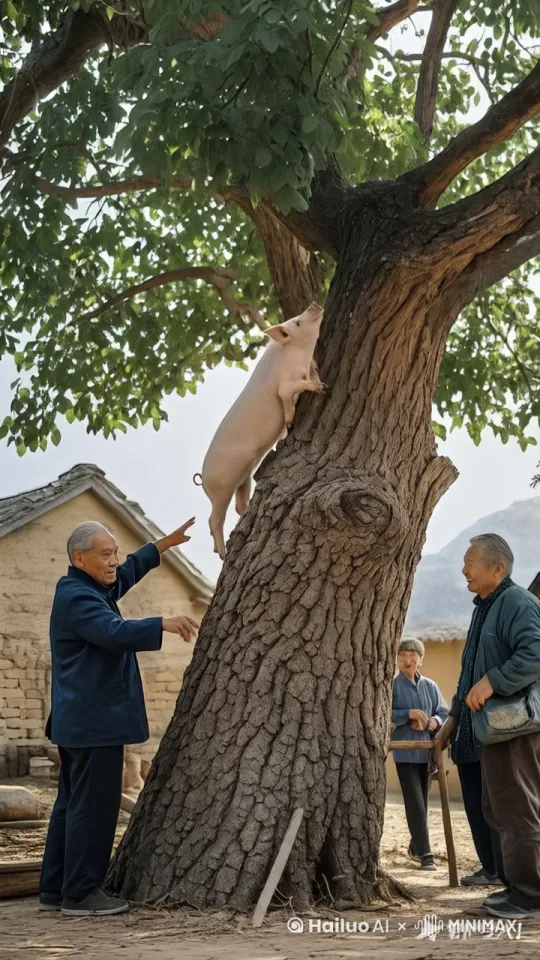 镜头移动，动态跟随。猪正很费劲的爬上了树，然后很骄傲的样子，树下大爷大妈很惊讶的欢呼这。 by Hailuo AI Video Generator