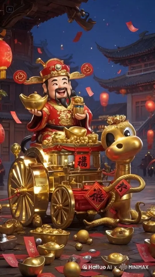 金蛇拉着财神来送财动作流畅  财神做恭喜发财手势 by Hailuo AI Video Generator