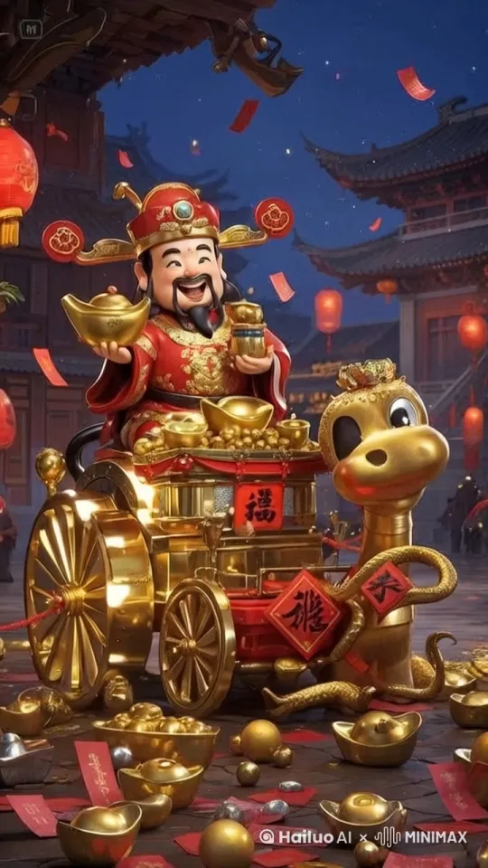 画面主题动作形态
金蛇拉着财神来送财动作流畅
  财神把元宝递给你的动作
做恭喜发财手势
满天掉落金元宝 by Hailuo AI Video Generator