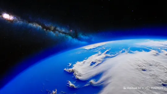 生成一个蓝色的地球，在太空中自转，地球在视频中占据80%的位置，背景是浩瀚的星空和银河 by Hailuo AI Video Generator