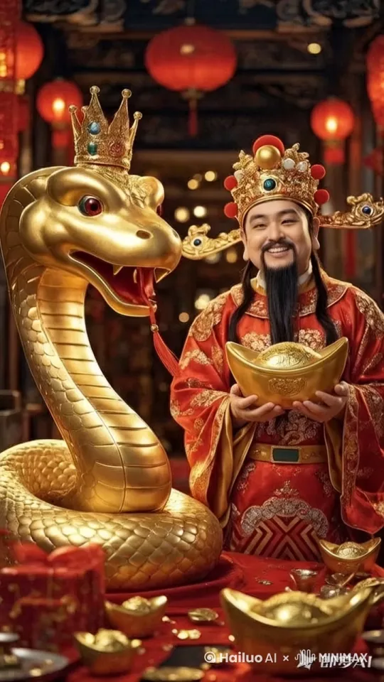画面主题动作形态
  金蛇财神把元宝递给你的动作
做恭喜发财手势
满天掉落大量金钱 画面真实电影质感 by Hailuo AI Video Generator