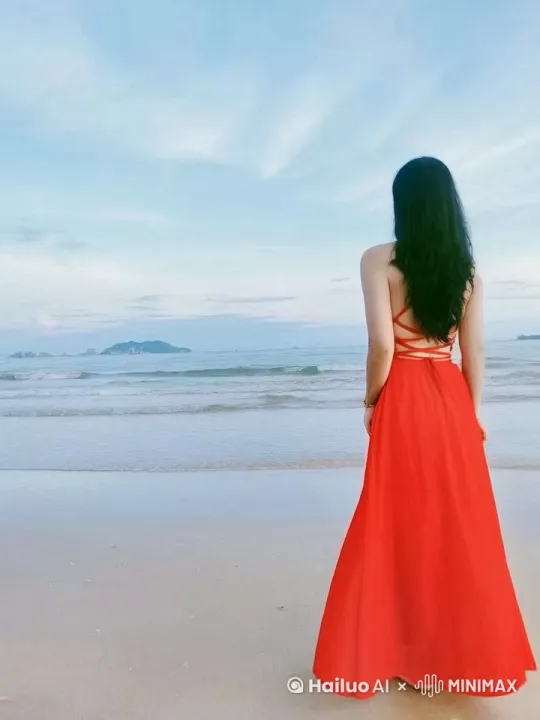 海风迎面吹来，美女的长发在风中飘动，美女的长裙也在风中飘动，从美女前面路过一只泰迪，抬头望了美女一眼，就走了。视频只显示美女的背影。 by Hailuo AI Video Generator