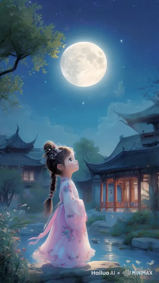 小女孩抬起头，用手指着月亮。 by Hailuo AI Video Generator