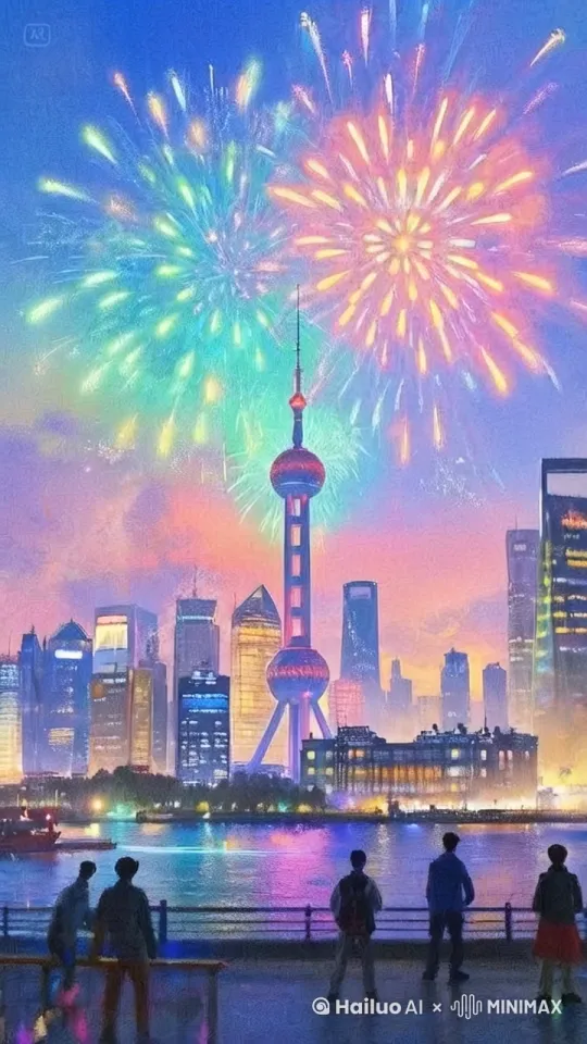 东方明珠灯火辉煌，烟花连续绽放 by Hailuo AI Video Generator