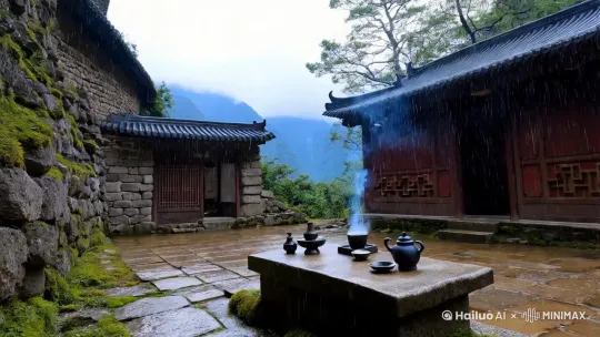 在大山深处，有人盖了一座石头小屋，小屋旁有一座小院，小院里有摆放着一张石桌，桌上摆着一套功夫茶，还有一个茶杯里的茶正冒着白烟，充满禅意。天正下着大雨，外面的树木随风摆动。超清，电影级镜头，4K超清 by Hailuo AI Video Generator