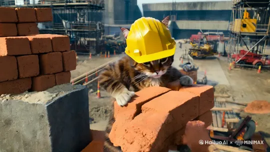 一只拟人化的猫，戴着安全帽在工地上辛苦地搬砖，累得满头大汗 by Hailuo AI Video Generator