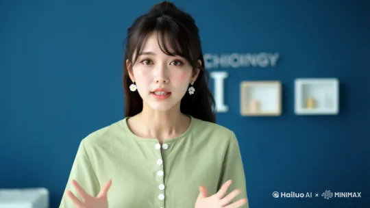 视频风格为现代教育纪录片,一位知识型女博主正生动地讲解AI技术的奥秘。她身穿一件浅绿色衬衫,衬衫上点缀着精致的白色纽扣,搭配深色微卷发,部分头发优雅地扎起,一对花朵耳环随讲解时的手势轻轻摇曳。她的表情丰富而专注,双眼坚定地直视镜头,传递着智慧与热情。背景是一片宁静的蓝色,营造出专业而舒适的讲解氛围。画面中,女博主的手势灵动多变,加强了讲解的互动性和吸引力,仿佛能引领观众深入理解每一个知识点。中景镜头,捕捉到博主上半身的细致动作,让每个细微的表情变化都清晰可见。 by Hailuo AI Video Generator