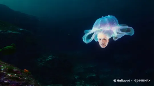 深海怪物，水母身体，人头形象，身上发光 by Hailuo AI Video Generator