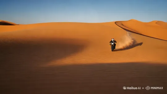 背景是黄沙滚滚，镜头由远及近，威风凛凛的熊猫战士身体前倾，骑着摩托车在沙漠中狂奔 by Hailuo AI Video Generator