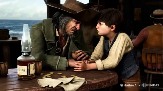 中近距离，从眼睛高度拍摄，聚焦在角落桌旁的 Billy Bones 和 Jim Hawkins。Billy Bones 是一位 5​​0 多岁的粗犷男子，一头灰白的黑发，蓬乱地垂下，留着浓密的胡须，他靠近 Jim。他那褪色的绿色外套和宽边帽增添了一种神秘感，他颤抖的手紧握着 Jim 的胳膊。Jim 是一个身材苗条的 14 岁男孩，留着深棕色的短发，表情紧张，穿着一件简单的米色衬衫、深蓝色背心和棕色裤子。他睁大的眼睛看着 Billy，眼神中既有恐惧又有好奇，另一只手紧紧抓着一个木杯。

镜头慢慢拉近比利饱经风霜的脸庞，他急切地低声说着，露出泛黄的牙齿，声音中带着一丝恐慌。桌上油灯闪烁的灯光在比利脸上投下深深的阴影，凸显了吉姆表情中的紧张。桌上散落的几枚硬币、一瓶朗姆酒和一块皱巴巴的布增强了场景质朴、柔和的色调。背景中，海浪拍打的微弱声音与顾客安静的低语声交织在一起，为氛围增添了层次感。

逼真、超高清、非常细腻和清晰、对比度、4K。
 by Hailuo AI Video Generator