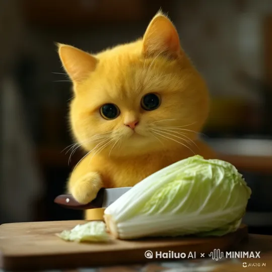 小猫正在把菜切成一块一块 by Hailuo AI Video Generator