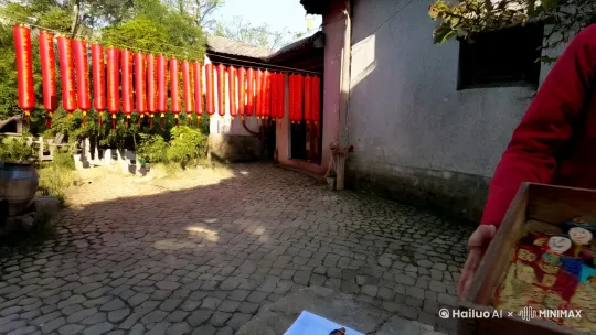 ### 新年皮影戏场景文本
#### 场景1: 清晨的小院(0:00 - 0:10)
腊月的清晨,阳光洒在自家小院,院门口贴着崭新的春联,屋檐下挂着红灯笼。你从屋内拿出一个装着皮影的旧木盒,缓缓走向院子中央的石桌。
旁白:“新年的脚步近了,是时候唤醒这份独属于我的皮影记忆。”
音效:轻柔的风声,远处隐约的鞭炮声。
#### 场景2: 打开木盒(0:10 - 0:25)
你打开木盒,取出一套传统的春节主题皮影,包括舞龙的、拜年的等。你仔细擦拭皮影上的灰尘,手指轻轻抚摸着皮影精致的轮廓。
音效:轻微的擦拭声,音乐渐强。
#### 场景3: 布置皮影幕布(0:25 - 0:40)
在屋内,你将白色床单挂在窗户前,作为简易的皮影幕布。在幕布后方,你布置好台灯,调试灯光角度,营造出最佳的视觉效果。
旁白:“搭起这方小天地,准备开启一场独特的新年皮影秀。”
音效:摆弄道具的声音,音乐持续。
#### 场景4: 皮影表演(0:40 - 0:55)
你坐在幕布后,拿起皮影,开始表演一个简单的拜年故事。你嘴里模仿着角色的声音:“新年到,给大伙拜年啦,祝大家蛇年吉祥!”
台词:“新年到,给大伙拜年啦,祝大家蛇年吉祥!”
音效:欢快的传统音乐,皮影操作声。
#### 场景5: 皮影细节(0:55 - 1:15)
灯光透过皮影,幕布上呈现出色彩斑斓的影子,生动演绎着新年故事。镜头着重拍摄皮影的细节,如人物的服饰纹理、灵动的动作。
音效:音乐、皮影操作声。
#### 场景6: 回忆与讲述(1:15 - 1:30)
你走出幕后,对着镜头讲述小时候过年看皮影戏的回忆,脸上洋溢着幸福的笑容。
台词:“小时候过年,最期待的就是看皮影戏,那时候可热闹了。现在自己摆弄,也别有一番滋味。”
音效:音乐稍弱,夹杂着窗外的鞭炮声。
#### 场景7: 皮影与年货(1:30 - 1:50)
傍晚,你带着皮影来到院子里,将皮影放置在摆满年货的桌子上,如年糕、糖果、花生等。以红灯笼和春联为背景,拍摄皮影与年货相互映衬的画面。
旁白:“皮影与年货,传统与年味,交织出新年最温暖的模样。”
音效:音乐,偶尔的鞭炮声。
#### 场景8: 创意展示(1:50 - 2:10)
你拿起一把折扇,与皮影一起摆弄,展示二者结合的创意。你时而打开折扇,时而移动皮影,营造出有趣的场景。
音效:音乐、道具碰撞声。
#### 场景9: 夜晚的表演(2:10 - 2:30)
夜幕降临,院子里的红灯笼亮起。你再次回到皮影幕后,开始一场新的表演,这次表演更加投入,动作更加丰富。
旁白:“在这新年的夜晚,皮影的光与影,诉说着岁月的故事。”
音效:音乐、皮影操作声、远处的烟花声。 by Hailuo AI Video Generator