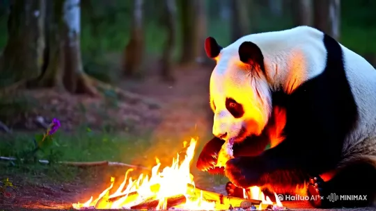 熊猫坐在火堆旁边吃着一只烧鸡 by Hailuo AI Video Generator