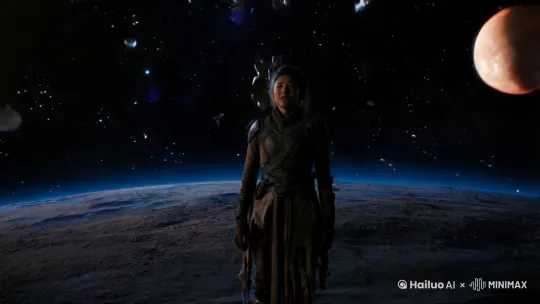 一个孤独的人站在一片荒芜的星球上，亲眼目睹自己的宇宙在黑暗中缓缓崩塌，星辰熄灭，空间扭曲，周围的一切化为虚无。突然，一道耀眼的光芒将他包围，他被传送到了另一片神秘而未知的空间。这片新空间充满了奇异的色彩和漂浮的星球碎片，远处有一颗散发着柔和光芒的星球，仿佛在召唤他。他的表情从绝望逐渐转变为好奇和希望，背景音乐是深沉而神秘的交响乐。 by Hailuo AI Video Generator