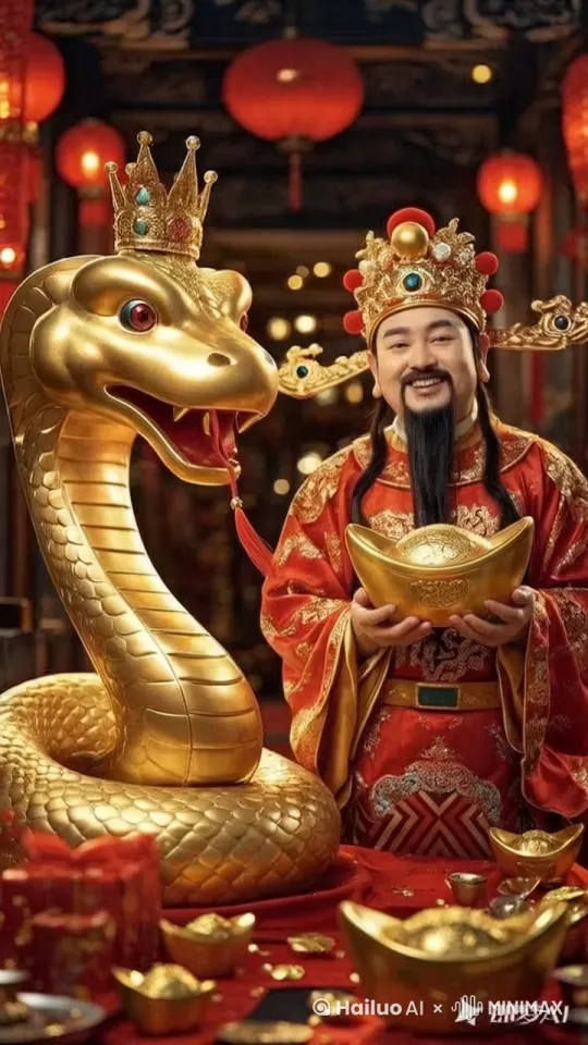 画面主题动作形态
  财神把元宝递给你的动作
双手做恭喜发财手势
金蛇满天掉落大量金钱 画面真实电影质感 by Hailuo AI Video Generator