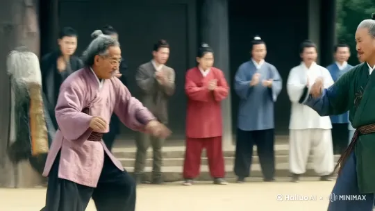 镜头移动,动态跟随,展现一个史诗般的激烈打斗场面。两个人正在进行惊心动魄的中国功夫对决,身形矫健,步伐灵活,每一个动作都充满力量与技巧。一人率先发动攻击,以迅雷不及掩耳之势踢出一记凌厉的侧踢,另一人迅速后仰躲避,紧接着回击一套连贯的拳法,拳风呼啸。他们的招式刚柔并济,时而是刚猛的直拳,时而是柔美的转身回旋踢。身影交错之间,地面的尘土飞扬而起,镜头动态跟随,从不同角度展现他们激烈的交锋,周围的人拍手叫好。 by Hailuo AI Video Generator