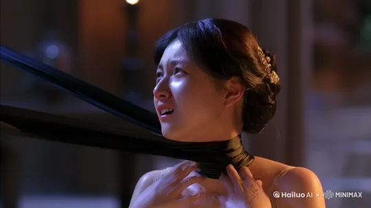 图片中的女孩被两根细长且光滑的黑色丝带勒紧脖子，一根丝带勒紧她脖子的上部分并往右拉扯，另一根丝带勒紧她的脖子的下部分并往左拉扯，她窒息挣扎 by Hailuo AI Video Generator