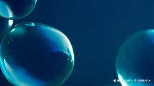 透蓝色的水泡不断相互碰撞。要求整个界面上泡泡大而少，大概两三个，撞击成不同形状。缓慢清晰。背景是深蓝色 by Hailuo AI Video Generator