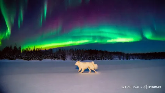 一只白色的狗背对着镜头，在雪地上越跑越远，远方的天空有极光 by Hailuo AI Video Generator