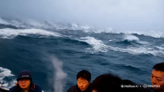 海上狂风暴雨，一群人在风暴中吃火锅 by Hailuo AI Video Generator