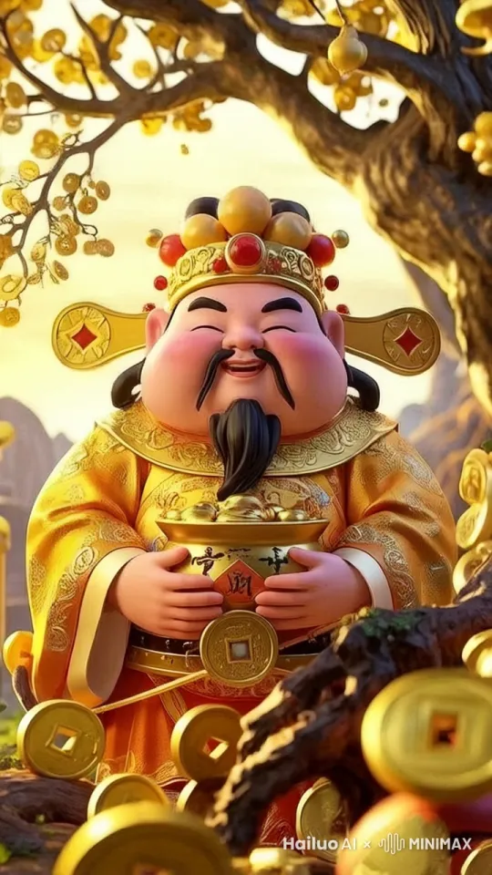 一边仰头向后，一边哈哈大笑。树上的铜钱掉落下来，闪闪发光。 by Hailuo AI Video Generator