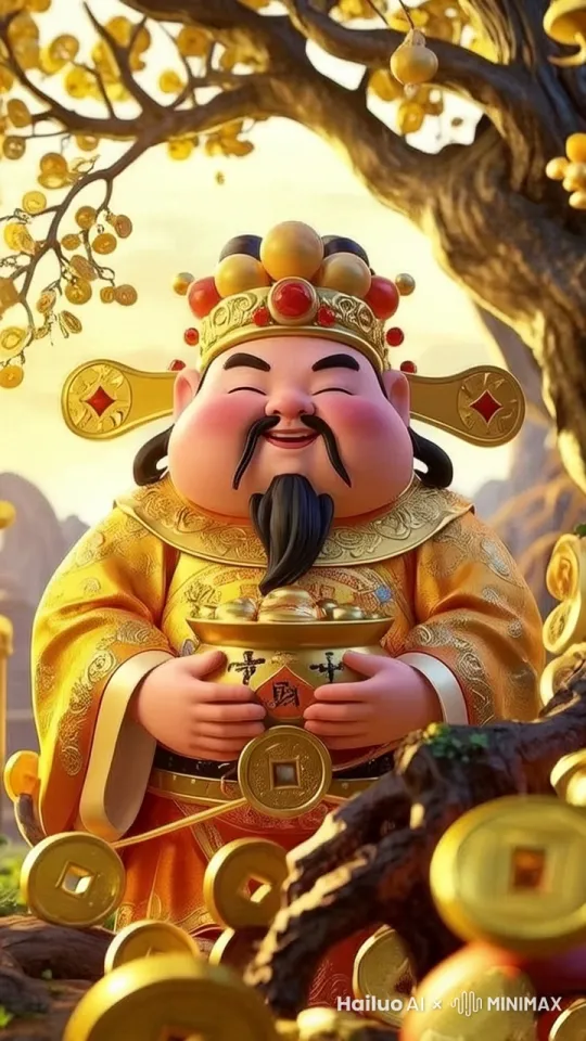 一边仰头向后，一边哈哈大笑。树上的铜钱掉落下来，闪闪发光。 by Hailuo AI Video Generator