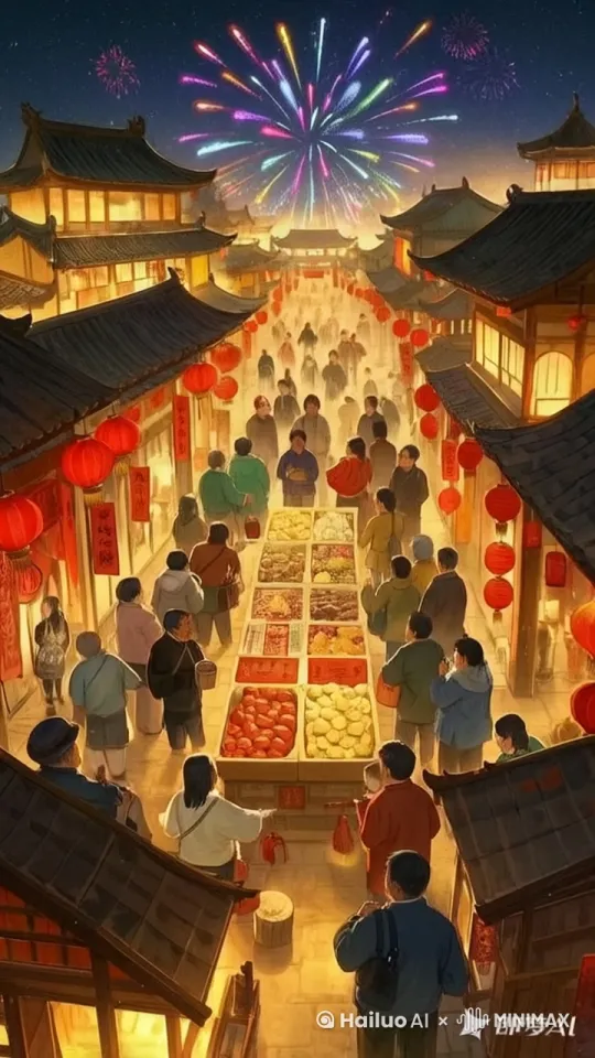 场景设定：

1.
地点：传统中式夜市街道，两旁是古色古香的建筑，挂满了红色灯笼。
2.
时间：夜晚，天空中绽放着五彩斑斓的烟花。
3.
人群：街道上人来人往，有行人、摊贩和顾客，大家都在享受夜市的热闹氛围。
动态元素：

1.
烟花：烟花在天空中不断绽放，颜色和形状各异，形成动态的光影效果。
2.
人群：行人不断走动，有的在摊位前停留，有的在交谈，有的在拍照。摊贩在摊位后忙碌地招呼顾客。
3.
灯笼：红色灯笼在风中轻轻摇曳，光影闪烁。
4.
摊位：摊位上的商品琳琅满目，有水果、小吃等，随着顾客的挑选和购买，摊位上的商品会有所变化。
5.
背景建筑：古建筑在灯光的映衬下显得格外温暖，建筑上的细节，如窗户、屋檐等，可以适当增加一些动态效果，如轻微的晃动或光影变化。
音效：

1.
烟花爆炸声：配合烟花的绽放，增加音效的层次感。
2.
人群喧哗声：包括人们的交谈声、笑声、叫卖声等，营造出热闹的氛围。
3.
背景音乐：可以选择一些传统的中式音乐，如古筝、二胡等，增加文化氛围。
色彩与光影：

1.
色彩：整体色调温暖，以红色、金色为主，辅以烟花的五彩斑斓。
2.
光影：灯光和烟花的光影效果要突出，营造出夜晚的温馨和热闹氛围。 by Hailuo AI Video Generator