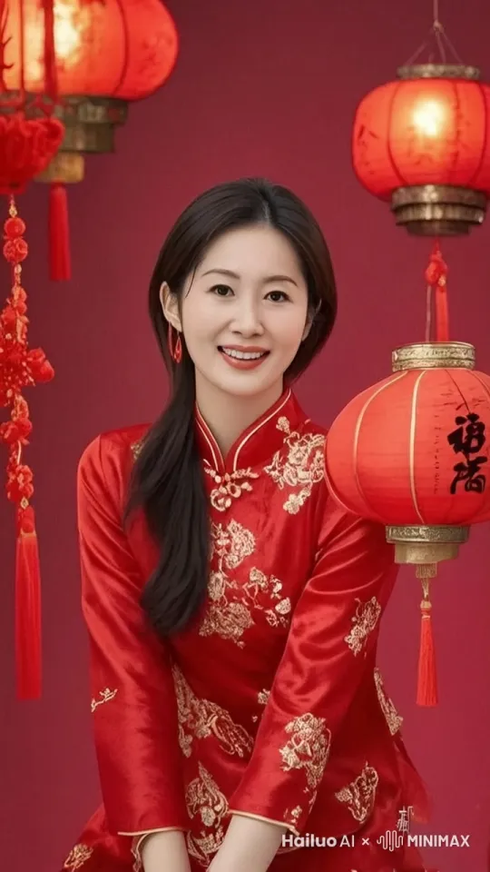 中国春节氛围，抚摸灯笼，开心的说“过年好，恭喜发财”，生动活泼、喜庆。 by Hailuo AI Video Generator