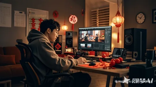 自媒体人正在剪辑视频，运镜 ，流畅 by Hailuo AI Video Generator