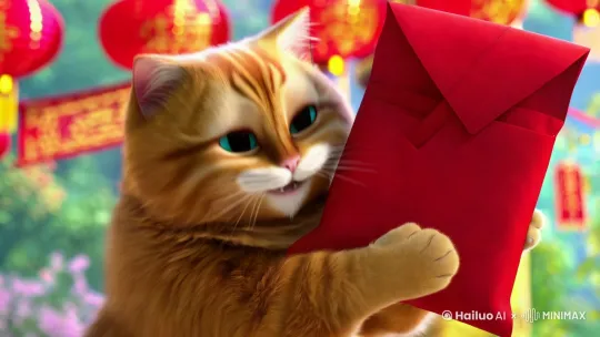 一个金渐层可爱猫咪手举大红包，过年的背景，猫咪再可爱一点，猫咪咧嘴笑 by Hailuo AI Video Generator