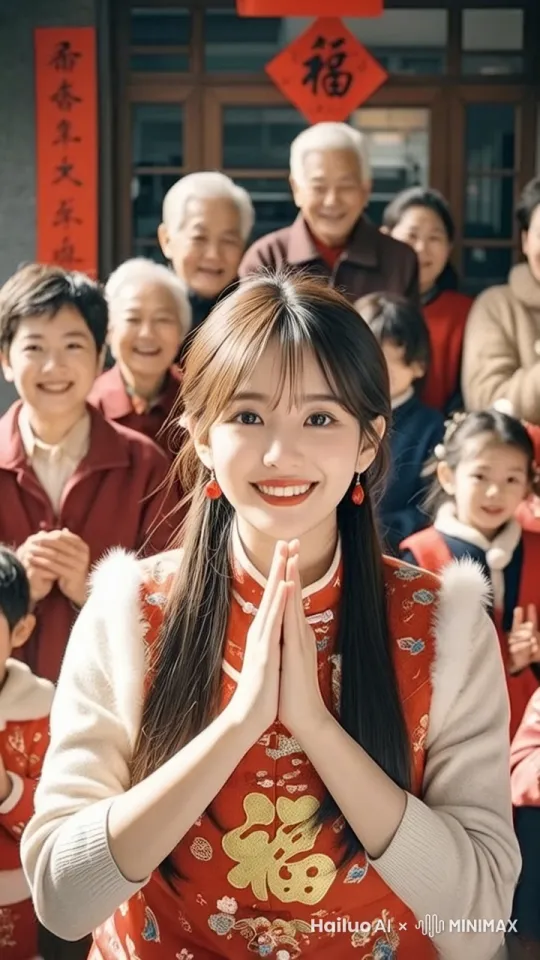 全体人物一起祝大家新年好 身体健康万事如意 by Hailuo AI Video Generator