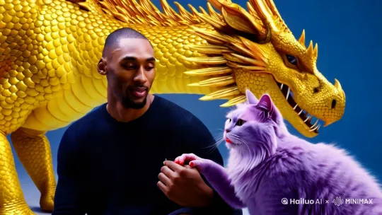黄色巨龙站在科比的旁边，一只紫色猫，猫的嘴唇非常红，这只猫在套弄着科比的手 by Hailuo AI Video Generator