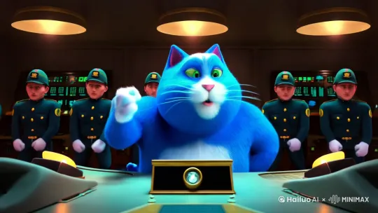 一只蓝色的胖猫，开头在指挥室里指挥士兵们，后边是一群蓝色的胖猫和一群黄色的奶龙打架，最终胖猫们将奶龙揍扁，却来了一头大胖猪，把胖猫撞走了 by Hailuo AI Video Generator
