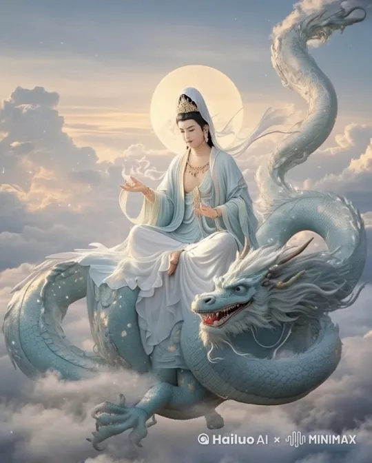 菩萨，飞龙，微笑，仙气飘飘，宛若仙境，美不胜收，旋转运镜，高清写实，8k。 by Hailuo AI Video Generator
