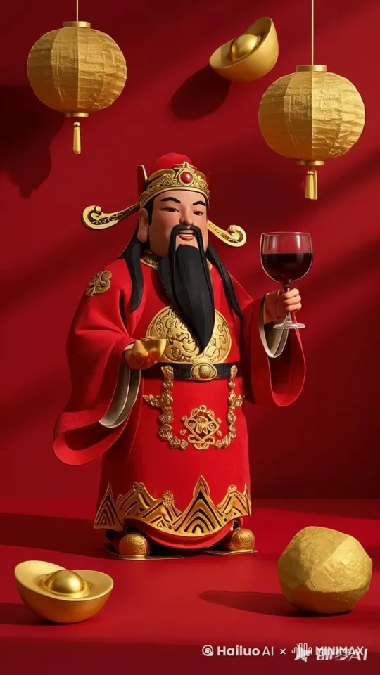 恭贺新春，摇晃酒杯、元宝、金币落下，开心，烟花 by Hailuo AI Video Generator