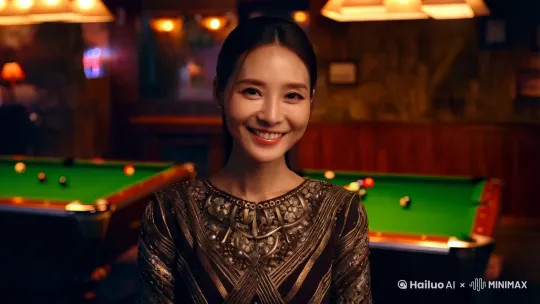 一个漂亮的女人正对镜头微笑，女人的背景在酒吧里，有台球桌，写实风格，微笑动态视频 by Hailuo AI Video Generator