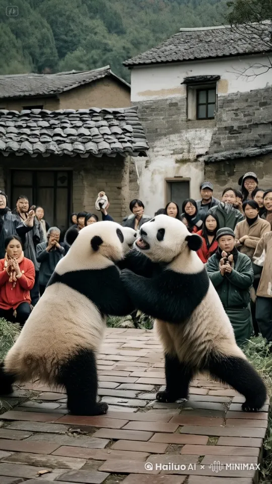 两只熊猫史诗般的暴力打斗场面，镜头限随图片中的两只熊猫拳打脚踢。快速暴力动作片，两只熊猫的生死战，电影级，两只熊猫打脚踢动作非常快速，两只熊猫打出幻影 by Hailuo AI Video Generator