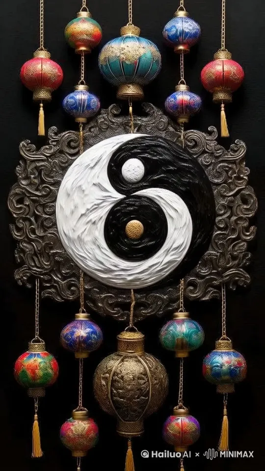 阴阳图自动旋转，上下的灯笼发出缓缓的光泽，画面真实， by Hailuo AI Video Generator