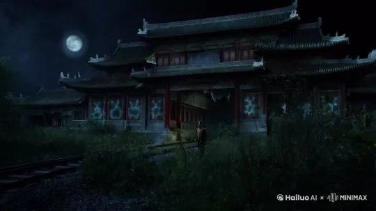 在昏暗的月光下，废弃的中式古建筑车站显得格外阴森。这座车站曾经繁华一时，如今只剩下断壁残垣，杂草丛生。一阵冷风吹过，破旧的窗户发出吱吱声，仿佛在诉说着不为人知的秘密。突然，一个身穿清朝官服的僵尸缓缓从阴影中走出，动作僵硬而诡异。月光洒在他苍白的脸上，映出深邃的眼眶和尖锐的獠牙。摄像机紧随其后，采用低角度跟随，营造出强烈的压迫感和紧张气氛。周围的阴影不断变化，仿佛有无数双眼睛在暗中注视着这一切。空气中弥漫着一种神秘而恐怖的气息，仿佛这座车站隐藏着一个不可告人的秘密。 by Hailuo AI Video Generator