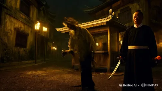 古村公交站台，阴暗而神秘。清朝僵尸突然现身，动作僵硬却透着诡异。黑衣道士手持桃木剑，眼神警惕。周围是典型的中式建筑，斑驳墙壁爬满青苔，昏黄灯光闪烁不定。运镜由远及近，缓慢推进，着重突出僵尸苍白的脸和道士严肃的神情。阴影对比强烈，黑暗风格尽显，仿佛民间怪谈成真。阴森恐怖的氛围弥漫，紧张感油然而生，每一处细节都透露着神秘与诡异，让人不禁心跳加速。 by Hailuo AI Video Generator