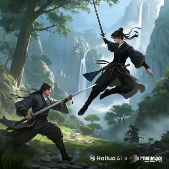镜头移动，动态跟随，展现两个人史诗般的激烈打斗场面，两个人正在进行惊心动魄的中国功夫对决。 by Hailuo AI Video Generator