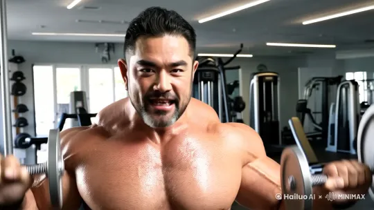一个中年男人、东方面孔、国字脸、整齐的胡子很浓密，浓眉大眼、眉毛很粗、肌肉发达、双眼皮，毛发浓密、鼻直口方，长相非常威武，展示胸肌，胸毛旺盛，肌肉发达。 by Hailuo AI Video Generator