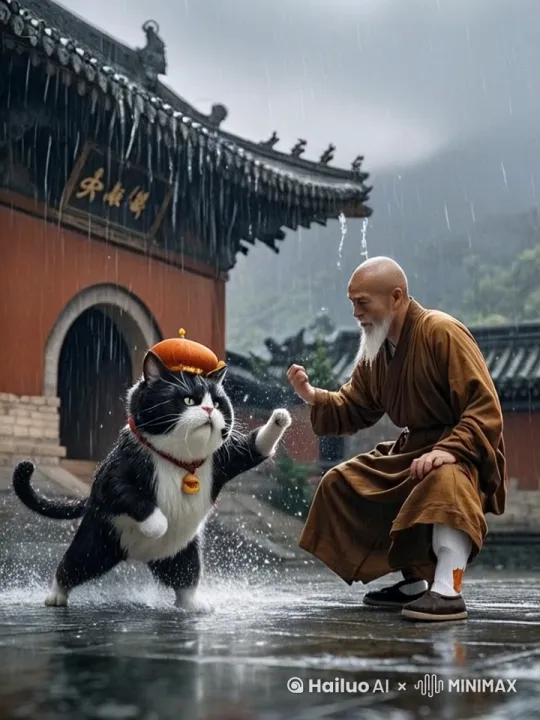 两个人史诗般的暴力打斗场面，镜头限随图片中的两个人拳打脚踢。快速最力动作片，生死战，电影级，拳打脚踢动作非常快速，两个人打出幻影飞向天空把爆炸，雨水飞扬，非常酷炫，3d版打斗画面 by Hailuo AI Video Generator