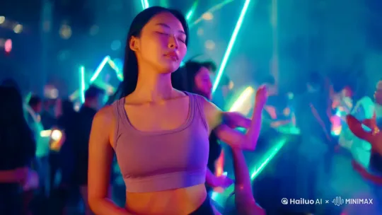 现代都市霓虹闪烁的电子音乐派对现场，一位身穿时尚瑜伽服的中国年轻女性沉浸在强劲的DJ节奏中，随着电子节拍热情舞蹈。她身姿曼妙，曲线优美，表情陶醉，闭眼享受音乐的每一刻。她的瑜伽服紧贴身体，展现出流畅的肌肉线条。周围人群簇拥，灯光交错，烟雾缭绕，营造出迷幻而热烈的氛围。动感十足的现代都市夜生活场景，快门捕捉下她旋转跳跃的瞬间，定格在充满活力与自由的画面中。近景动态视角，强调光影效果与色彩对比。 by Hailuo AI Video Generator