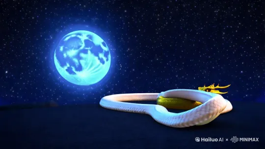 满天星星的夜空，蓝色的月亮圆圆的，一条白蛇正在蜕变化飞升五爪金龙 by Hailuo AI Video Generator