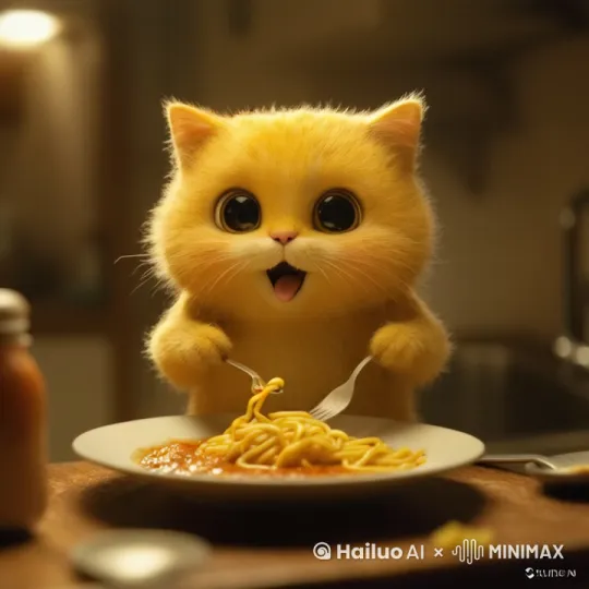 小猫正在吃面条，看起来很好吃 一条一条进入嘴去 by Hailuo AI Video Generator